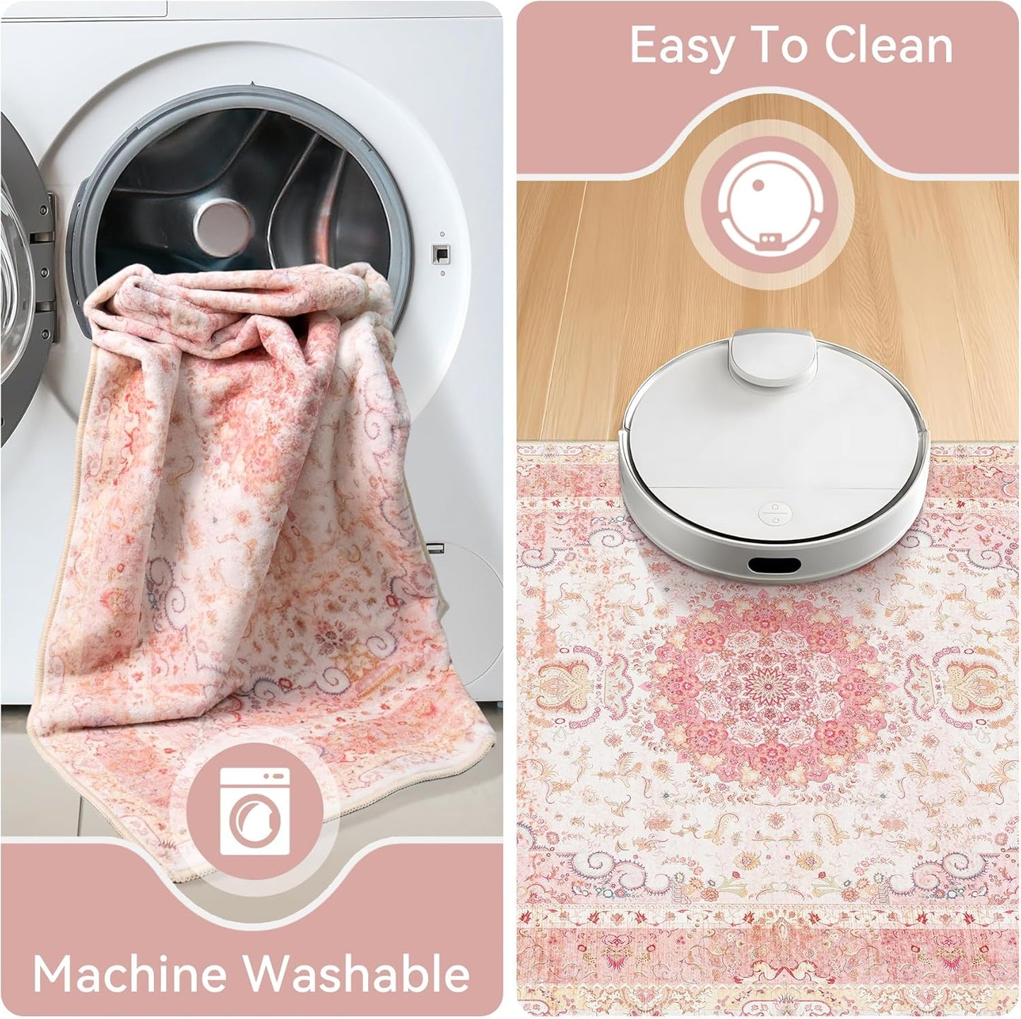Pink Rug 3x5, Boho Washable Area Rug for Bedroom Living Room Office Kitchen, Distressed Vintage Small Rug Retro Non Slip Carpet