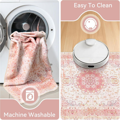 Pink Rug 3x5, Boho Washable Area Rug for Bedroom Living Room Office Kitchen, Distressed Vintage Small Rug Retro Non Slip Carpet