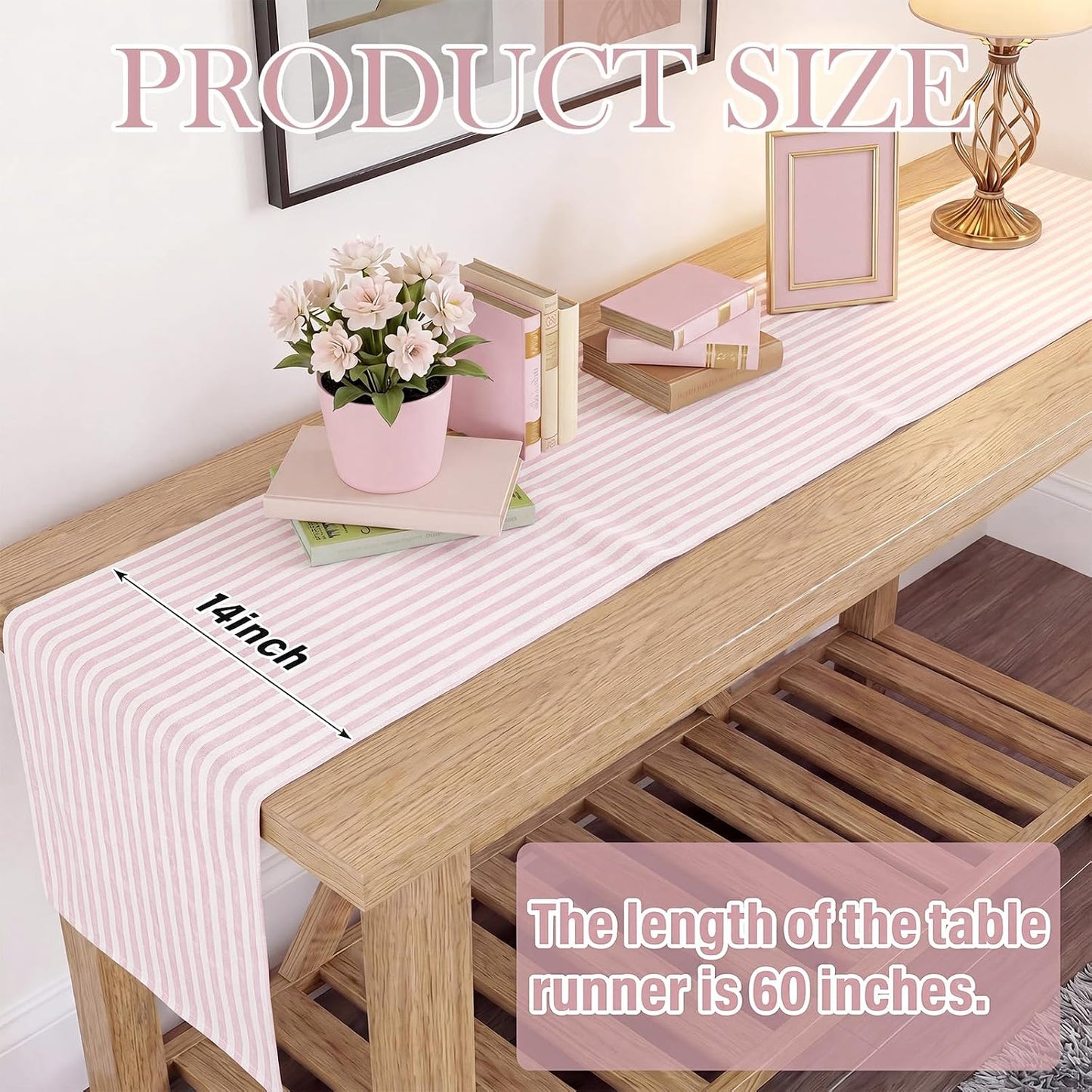 Breling Pink and White Striped Table Runner Cotton Linen Farmhouse Table Runner for Dining Kitchen Coffee Centerpiece Rustic Home Summer Coastal Birthday Wedding Party Decor (14 x 60 Inch)