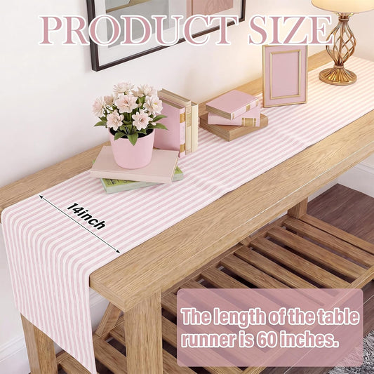 Breling Pink and White Striped Table Runner Cotton Linen Farmhouse Table Runner for Dining Kitchen Coffee Centerpiece Rustic Home Summer Coastal Birthday Wedding Party Decor (14 x 60 Inch)