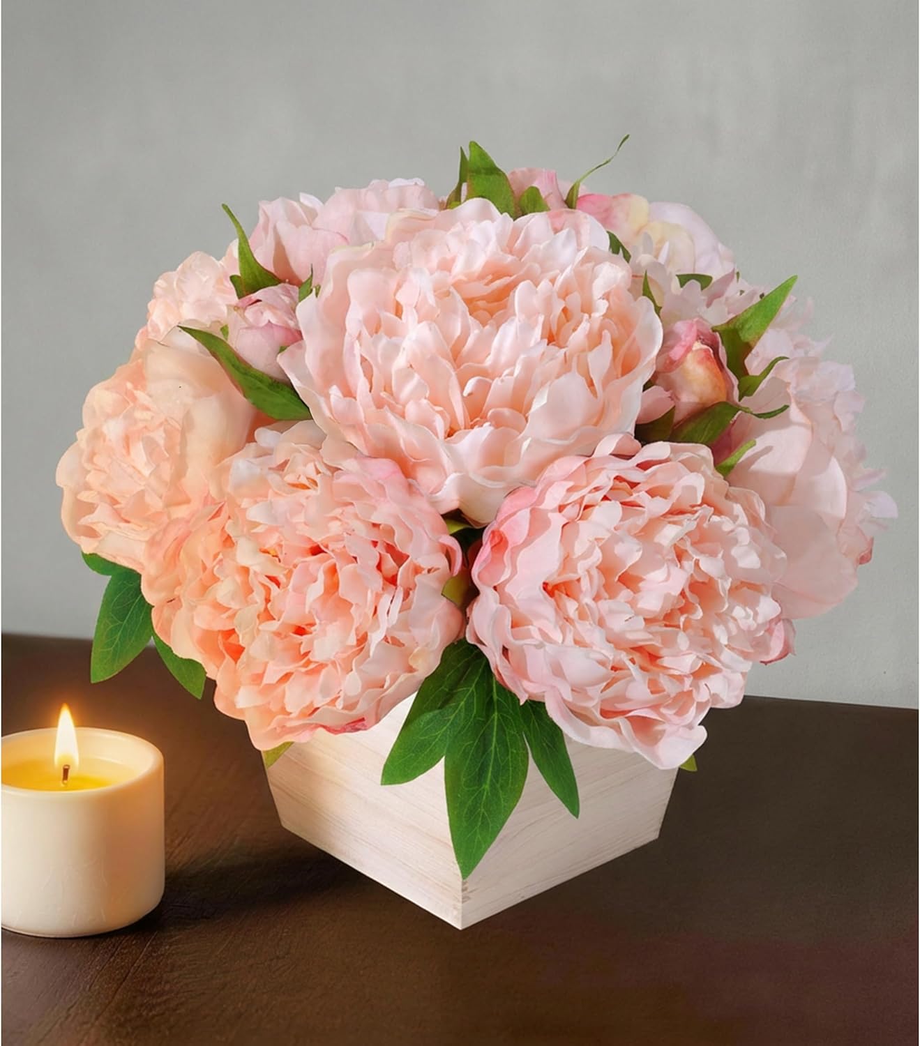 Artificial Hydrangea Flowers Arrangement in Wood Planter, 4PCS Fake Flowers in Wooden Vase Potted Floral Centerpieces for Tables Living Room Home Office Kitchen Decor (Light Pink Peony)