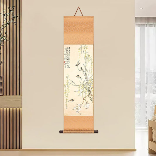 HannaFires Chinese Classical Hanging Scroll Painting – 45 Inches, Qing Dynasty Peach Blossom and Willow with Swallows, Oriental Ink Art Wall Decor, Silk Brocade Mounted Scroll for Home, Gift Banner