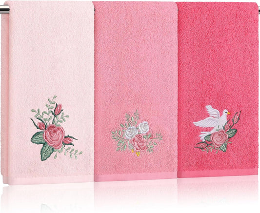 Tingjoo 3 Pcs Pink Rose Floral Hand Towels Spring Pink Flower Bath Towels 14x29 Inch Soft Cute Embroidered Washable Decorative Cotton Absorbent Summer Decor for Bathroom Kitchen