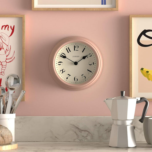 JONES CLOCKS® Frieze wall Clock | Small Elegant Classic Round Clock | 23cm | Pink | Pretty Design Ideal for the Kitchen, Living Room, Bedroom, Large or Small Spaces