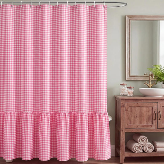 HunnmingRe Ruffle Hem Gingham Shower Curtain 72 x 72 Inch Pink Cotton Vintage Farmhouse Rural Plaid Shower Curtain with 12 Hooks for Bathroom Bathtubs Decor