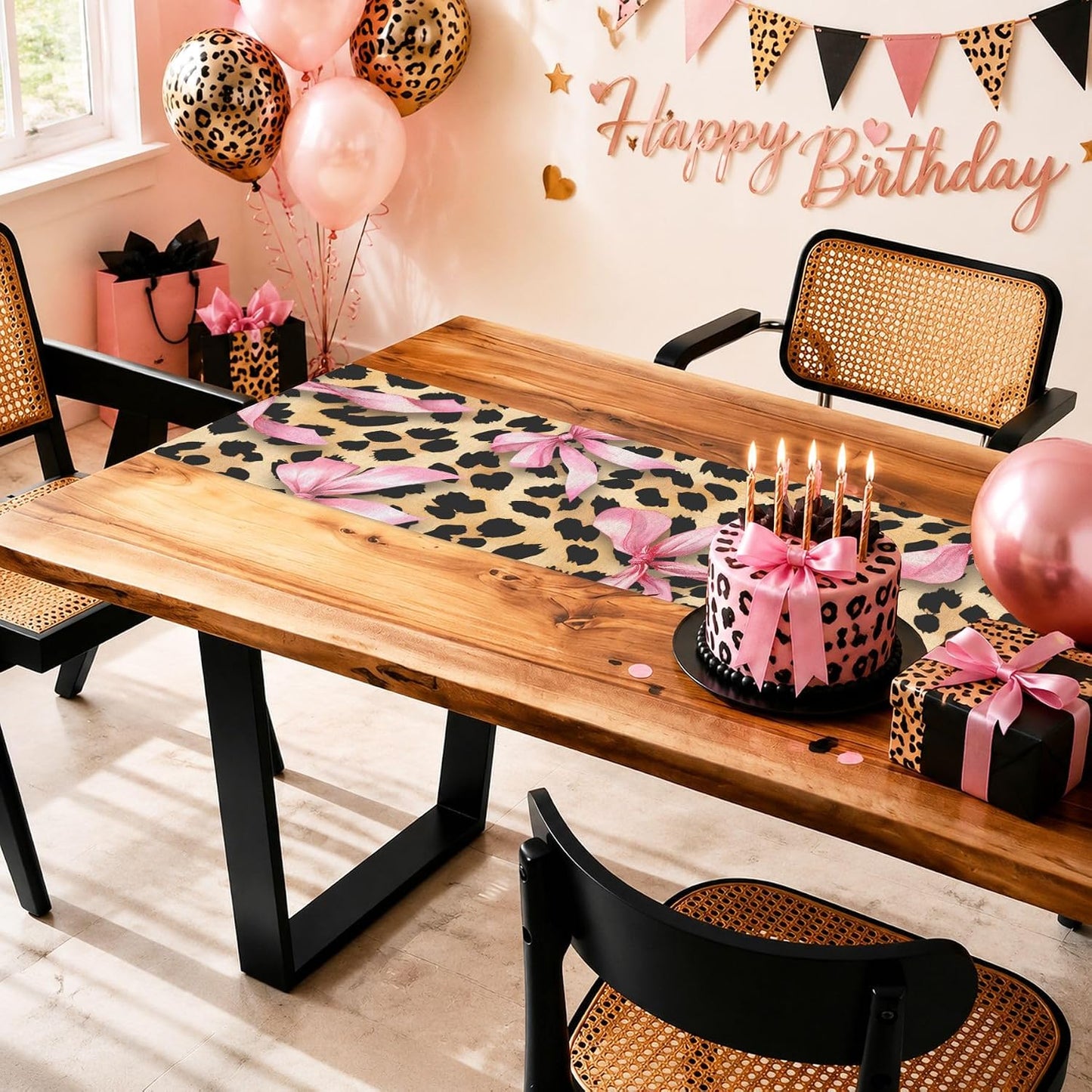 Cheetah Leopard Pink Bow Table Runner, Brown Girls Girl Animal Kitchen Dining Table Decoration Wild Fashion Girly Cute Design for Home Party Decor 13x72 Inch