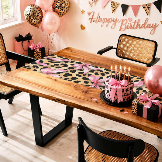 Cheetah Leopard Pink Bow Table Runner, Brown Girls Girl Animal Kitchen Dining Table Decoration Wild Fashion Girly Cute Design for Home Party Decor 13x72 Inch