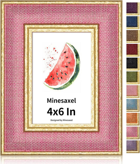 4x6 Picture Frame - Soft Pink Woven Fabric & Vintage Gold Border HD Real Glass with Easel for Tabletop/Wall (Family Photos, Nursery Decor 1 Pack)