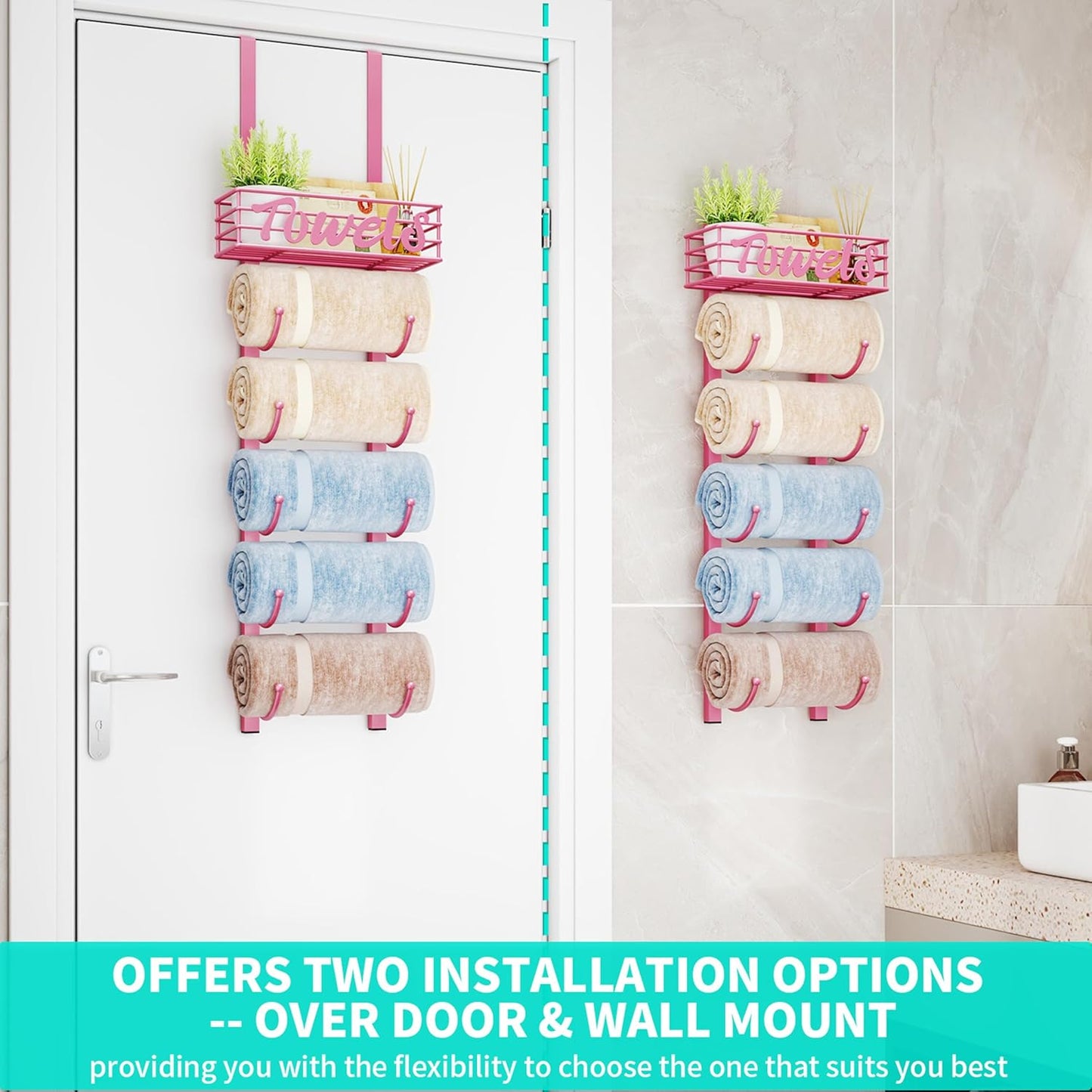 HapiRm Towel Racks for Bathroom Storage - 6 Tier Over The Door & Wall Mount Rolled Towel Storage Organizer Holder with Metal Shelf Basket for Small Bathroom, Camper, Rv - Pink, Patented