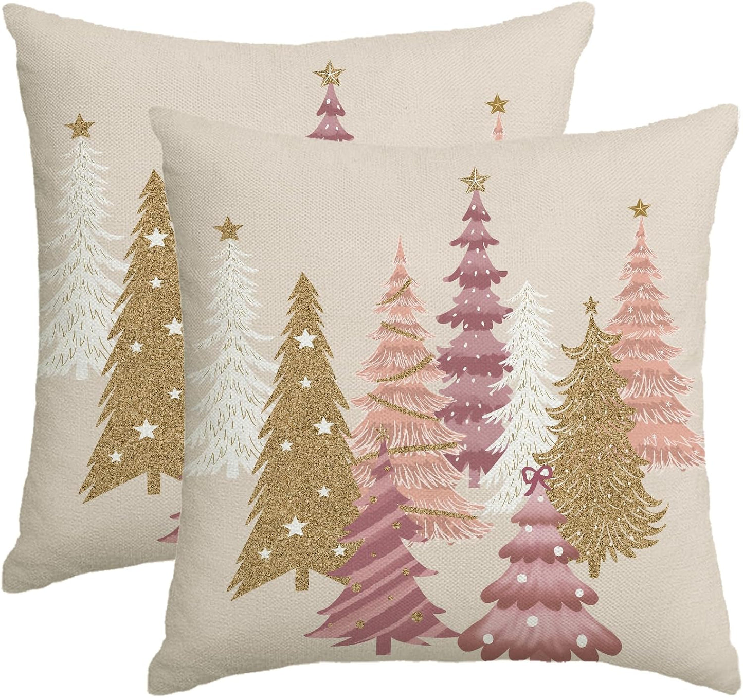Christmas Pillow Covers 18x18 Inch Set of 2 Pink Aesthetic Decorative Christmas Tree Throw Pillows Linen Winter Holiday Decor for Home Sofa Couch Bed Chair