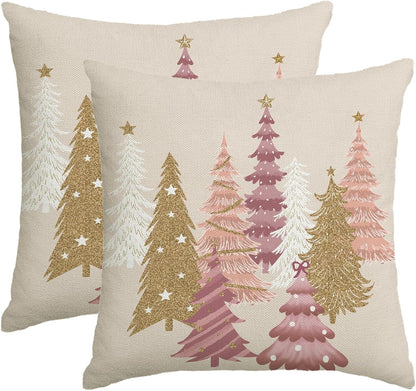 Christmas Pillow Covers 18x18 Inch Set of 2 Pink Aesthetic Decorative Christmas Tree Throw Pillows Linen Winter Holiday Decor for Home Sofa Couch Bed Chair