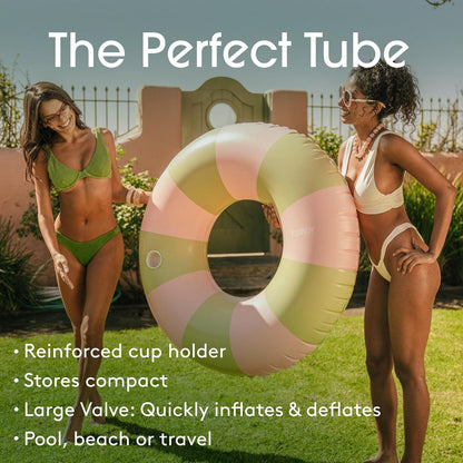 FUNBOY Giant Pink & Green Stripe Inflatable Pool Float with Cup Holder, 48" Adult Inner Tube Swim Ring Pool Lounger