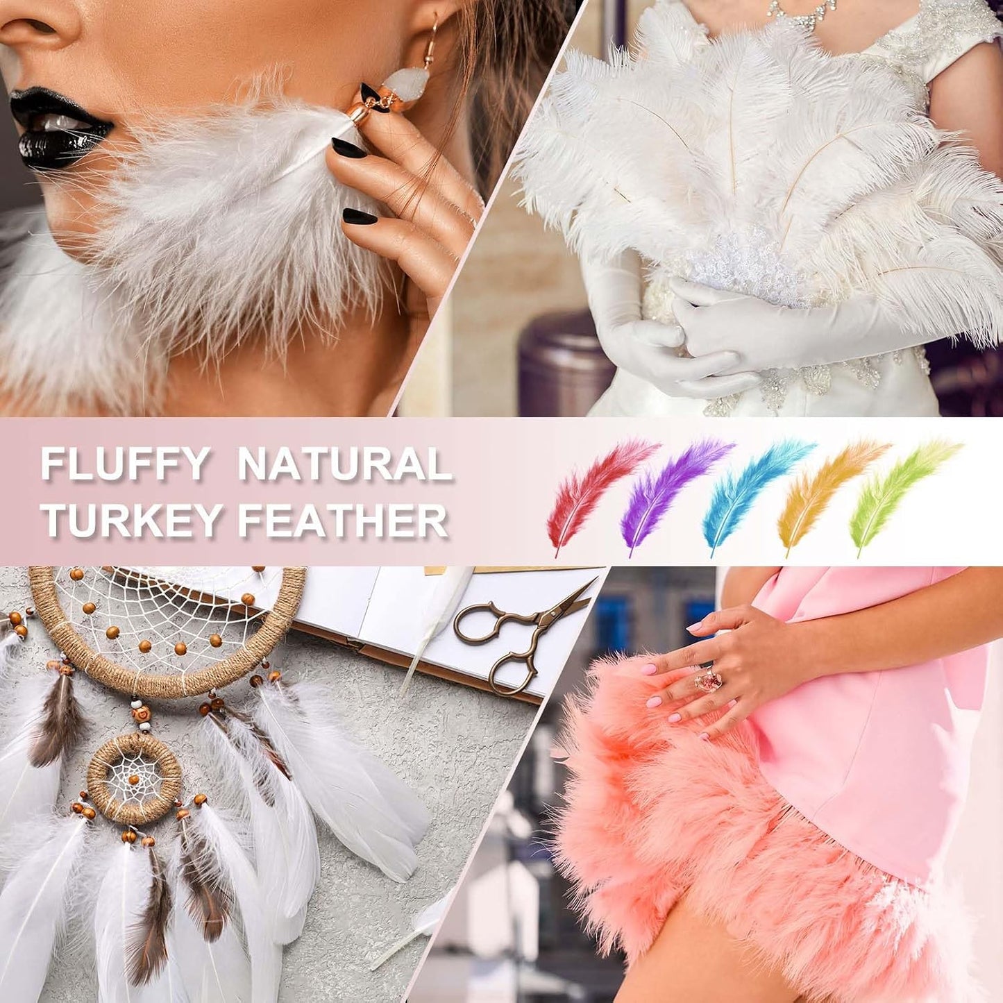 PATIKIL 200 Pack Fluffy Turkey Marabou Feathers,4-6 Inches Peach Pink Natural Turkey Feathers for Crafting Dream Catcher Fringe Trim Fly Tying Party Decorations