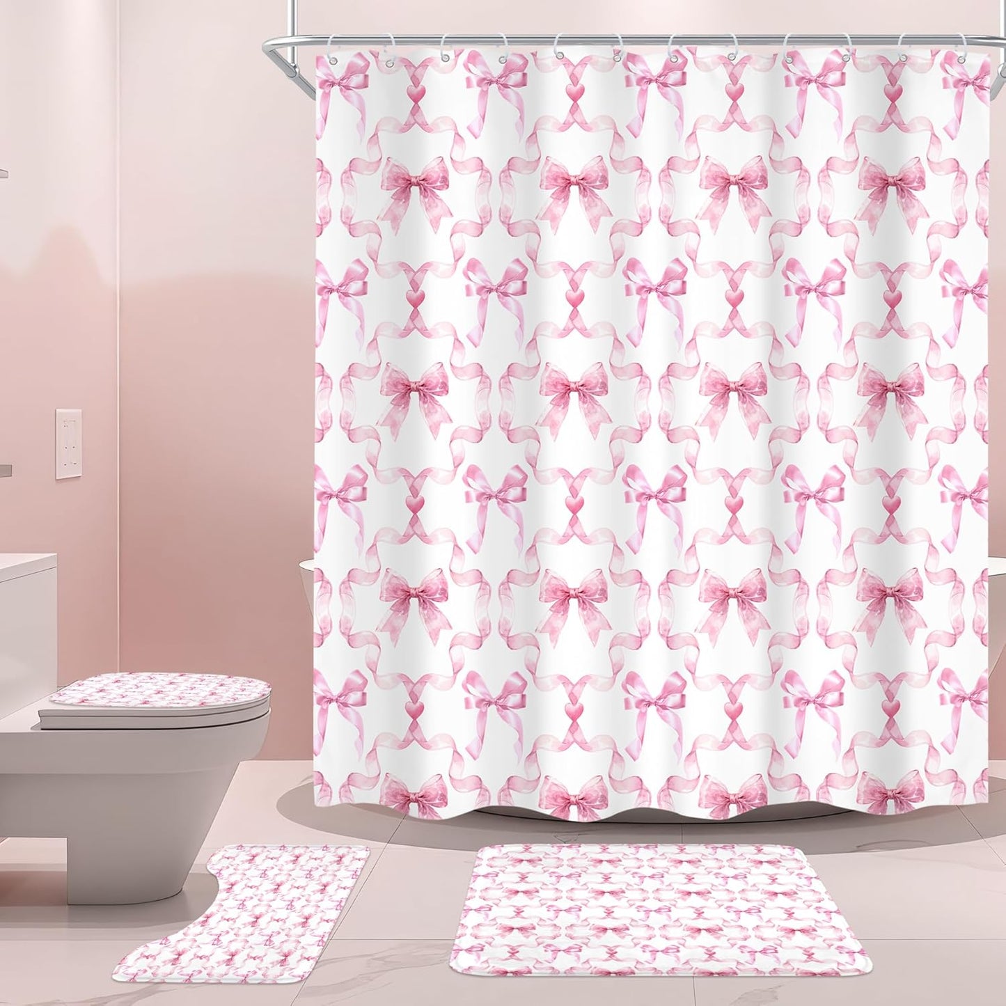 4Pcs Pink Bow Shower Curtain Set, Retro Coquette Preppy Modern Fashion Pretty Sweet Girly Bathroom Curtain with Rug, Toilet Lid Cover, Bath Mat, Aesthetic Shower Curtain with 12 Hooks