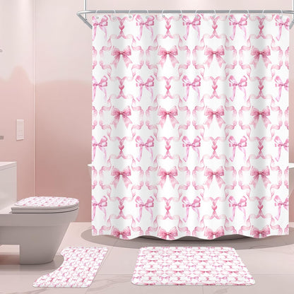 4Pcs Pink Bow Shower Curtain Set, Retro Coquette Preppy Modern Fashion Pretty Sweet Girly Bathroom Curtain with Rug, Toilet Lid Cover, Bath Mat, Aesthetic Shower Curtain with 12 Hooks