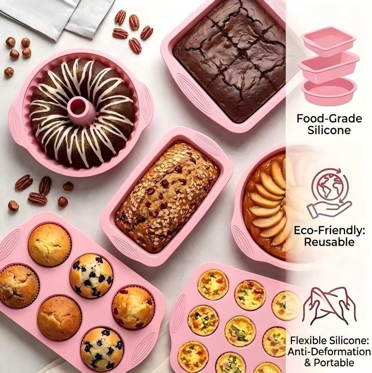 25 PCS Silicone Baking Pans Set, Nonstick Bakeware Sets with Round Cake Pans, Muffin Pans, Baking Cups and Spoons for 450°F Oven Safe Bread, Cupcakes and Desserts (Pink)