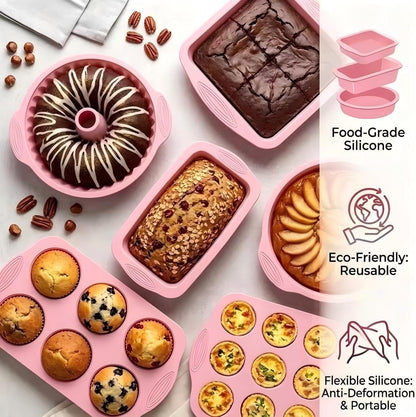 25 PCS Silicone Baking Pans Set, Nonstick Bakeware Sets with Round Cake Pans, Muffin Pans, Baking Cups and Spoons for 450°F Oven Safe Bread, Cupcakes and Desserts (Pink)