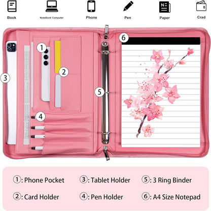 Fashionable Mesh Super Pink PU Padfolio, Vegan Leather Binder Portfolio for Women, 3 Ring Padfolio with Zipper, A4 Planner Binder Laptop Pocket, Legal Size Portfolio, Christmas Gift