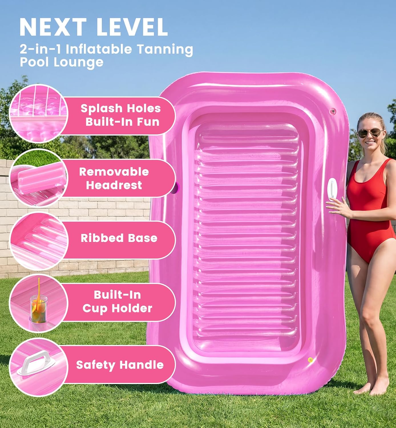 Inflatable Tanning Pool Lounger Float with Sprinkler, 77" x 48" XL Tanning Pool for Adults with Pillow & Cup Holder, 6 in 1 Suntan Tub Sunbathing Bed Pool Floats Adult for Backyard, Beach & Lake