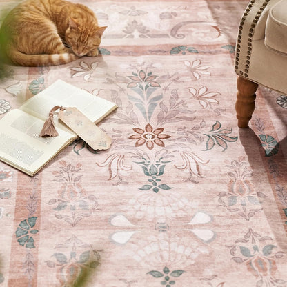 jinchan Runner Rug 2x5 Kitchen Washable Rug, Vintage Floral Carpet Hallway Mat with Non Slip, Runner Rugs Low-Pile Carpet for Bedroom Bathroom Laundry Room Living Room (Dusty Pink)