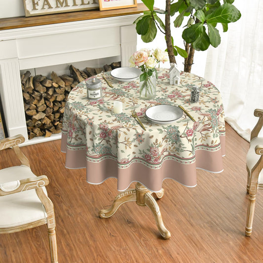 Horaldaily Floral Round Tablecloth 70x70 Inch Round, Pink Birds Elegant Vintage Washable Seasonal Table Cover for Party Picnic Dinner Decor