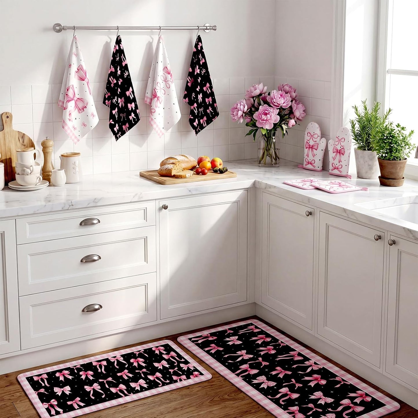 Fourluoo 10 Pcs Pink Bow Kitchen Decor Sets 4 Pink Plaid Kitchen Dish Towels 2 Pot Holders 2 Oven Mitts Glove 2 Cute Non Slip Rugs and Mats for Floor Home Decorations Accessories Mom Gifts
