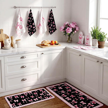 Fourluoo 10 Pcs Pink Bow Kitchen Decor Sets 4 Pink Plaid Kitchen Dish Towels 2 Pot Holders 2 Oven Mitts Glove 2 Cute Non Slip Rugs and Mats for Floor Home Decorations Accessories Mom Gifts