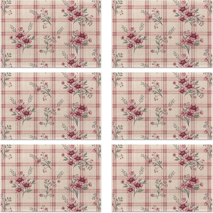 Placemats Set of 6, Cute Flowers Pink Linen Placemats 12x18 Inch, Heat Resistant Table Mats, Washable Non Slip Place Mats for Dining Table Kitchen Home