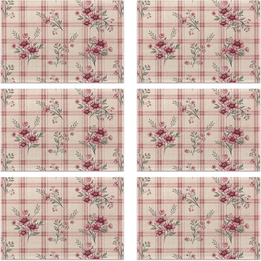 Placemats Set of 6, Cute Flowers Pink Linen Placemats 12x18 Inch, Heat Resistant Table Mats, Washable Non Slip Place Mats for Dining Table Kitchen Home
