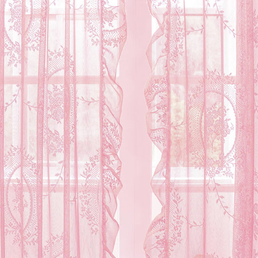 Pink Lace Curtains for Living Room, 84 Inches Long, 2 Panels Set, Boho Sheers with Floral Curtain Lace, Vintage Floral, Sheer Curtains 84 Inch Length, Rod Pocket, 55 x 84 Inch