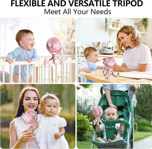 snawowo Mini Handheld Personal Portable Fan, Baby Stroller Fan, Car Seat USB or Battery Powered, with Flexible Tripod Clip on Student Bed Desk Bike Crib Treadmill Camping Traveling(Pink)