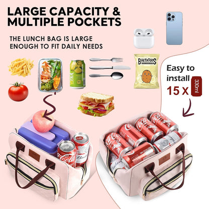 Genteen Lunch Box for Women Girls Teens,Insulated Adult Lunch Boxes for Women,Reusable Cute Lunch Bags for Work,High Capacity Tote Lunchbox Cooler for Office Travel Picnic School-Pink
