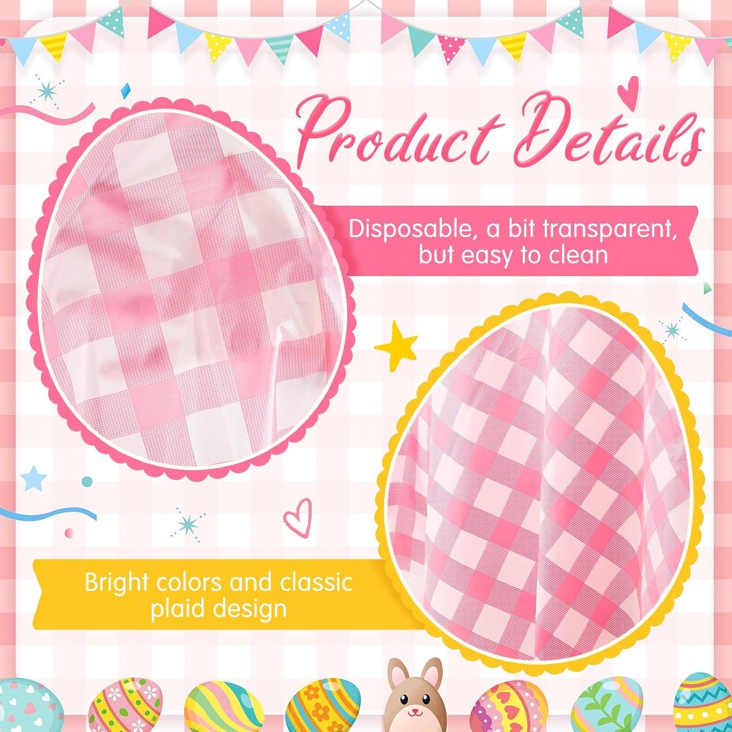12 Pcs Pink Plastic Disposable Round Gingham Tablecloth, 84 in Checkered Buffalo Plaid Round Table Cloth Circle Table Cover, Heavy Duty, Easy to Clean for Baby Shower Wedding Bridal Birthday Party