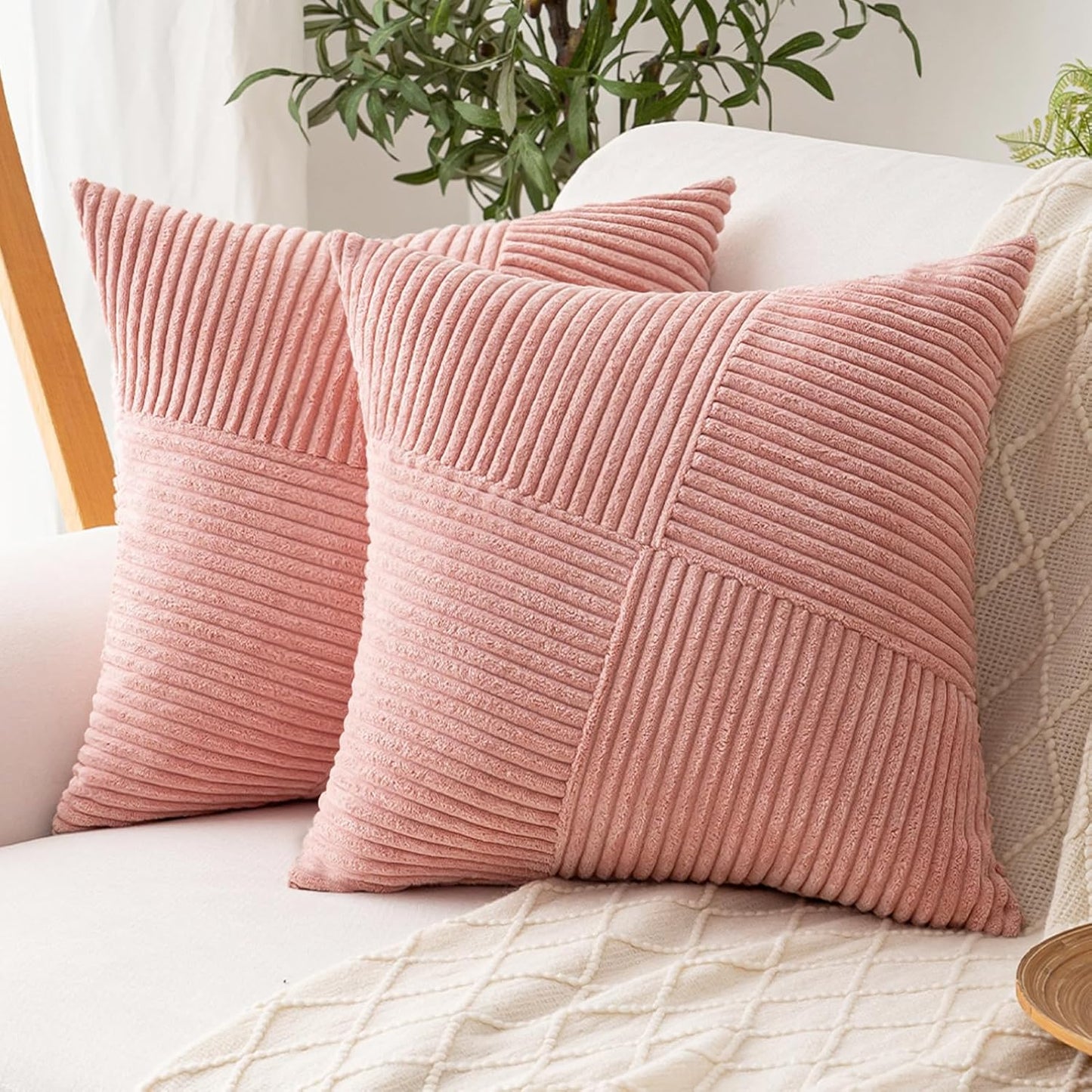 Decorative Throw Pillow Covers20x20 Inch Set of 2 for Boho Living Room Farmhouse Home Decor, Spring Pillow Covers for Couch Bed, Soft Corduroy Striped Patchwork Cushion Cases, Blush Pink