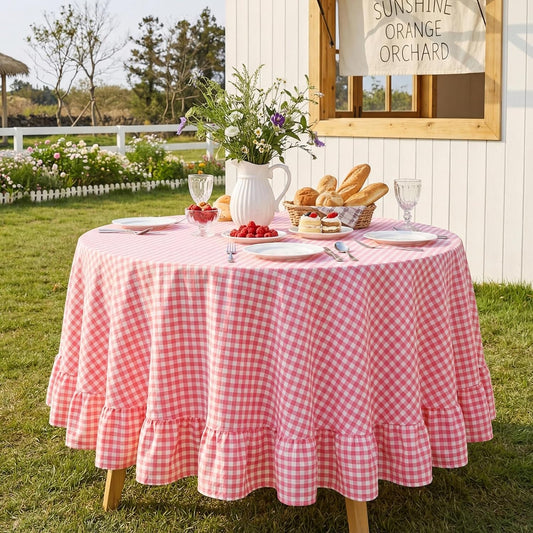 Eternal Beauty Gingham Ruffled Tablecloth Round 70 Inch, 100% Washed Cotton Plaid Table Cloth, Vintage Farmhouse Decor for Mother's Day, Wedding, Party, Spring Picnic & Dining Room - Pink White