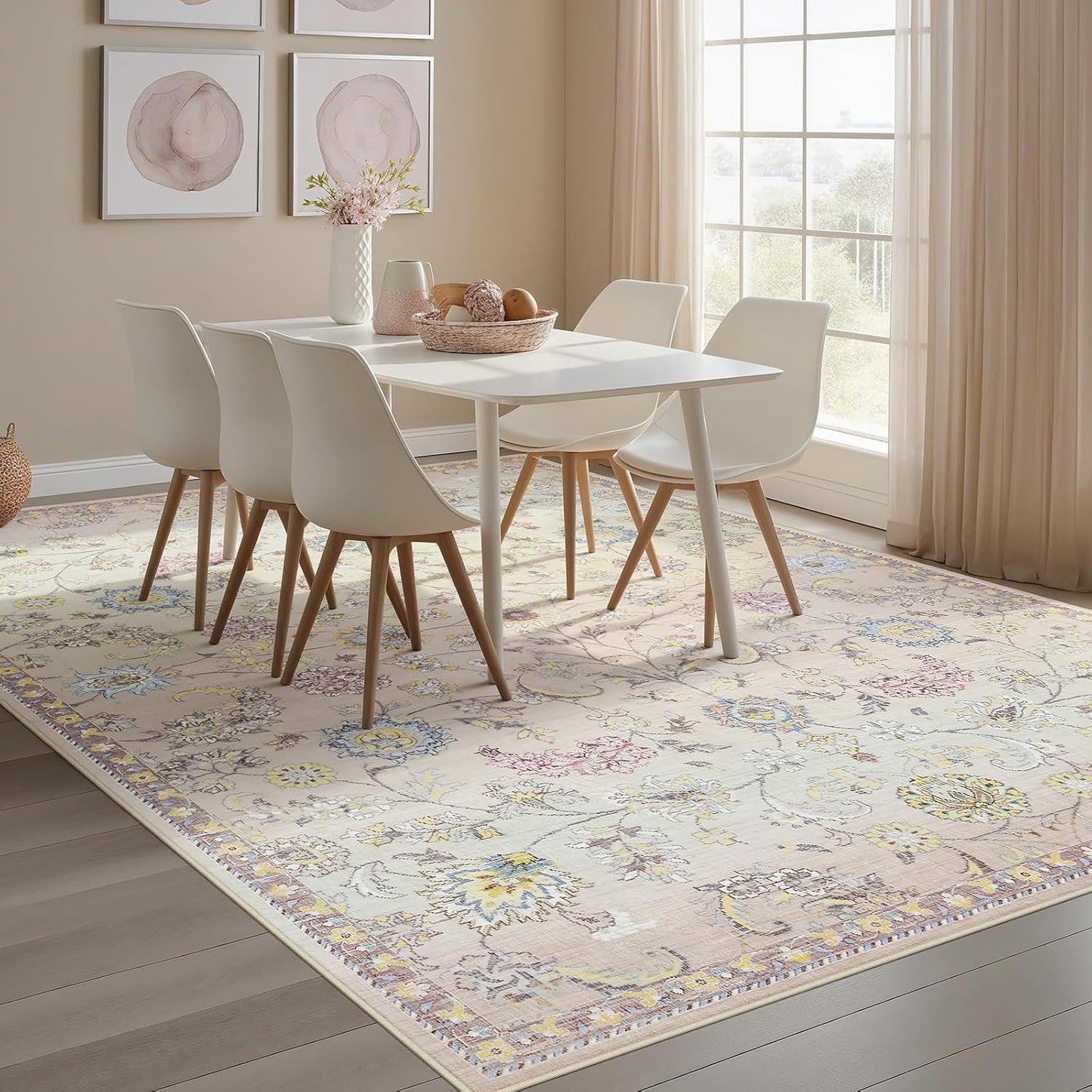 Joydeco Light Pink 5x7 Area Rugs for Bedroom Girls Nursery, Machine Washable Boho Rugs for Living Room Non Slip, Floral Soft Indoor Floor Carpet for Playroom Kids Room Dorm Classroom