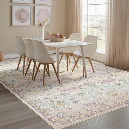 Joydeco Light Pink 5x7 Area Rugs for Bedroom Girls Nursery, Machine Washable Boho Rugs for Living Room Non Slip, Floral Soft Indoor Floor Carpet for Playroom Kids Room Dorm Classroom