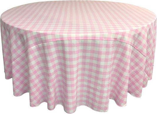 LA Linen TCcheck120R-PinkK37 Polyester Gingham Checkered Tablecloth, White & Pink - 120 in. Round