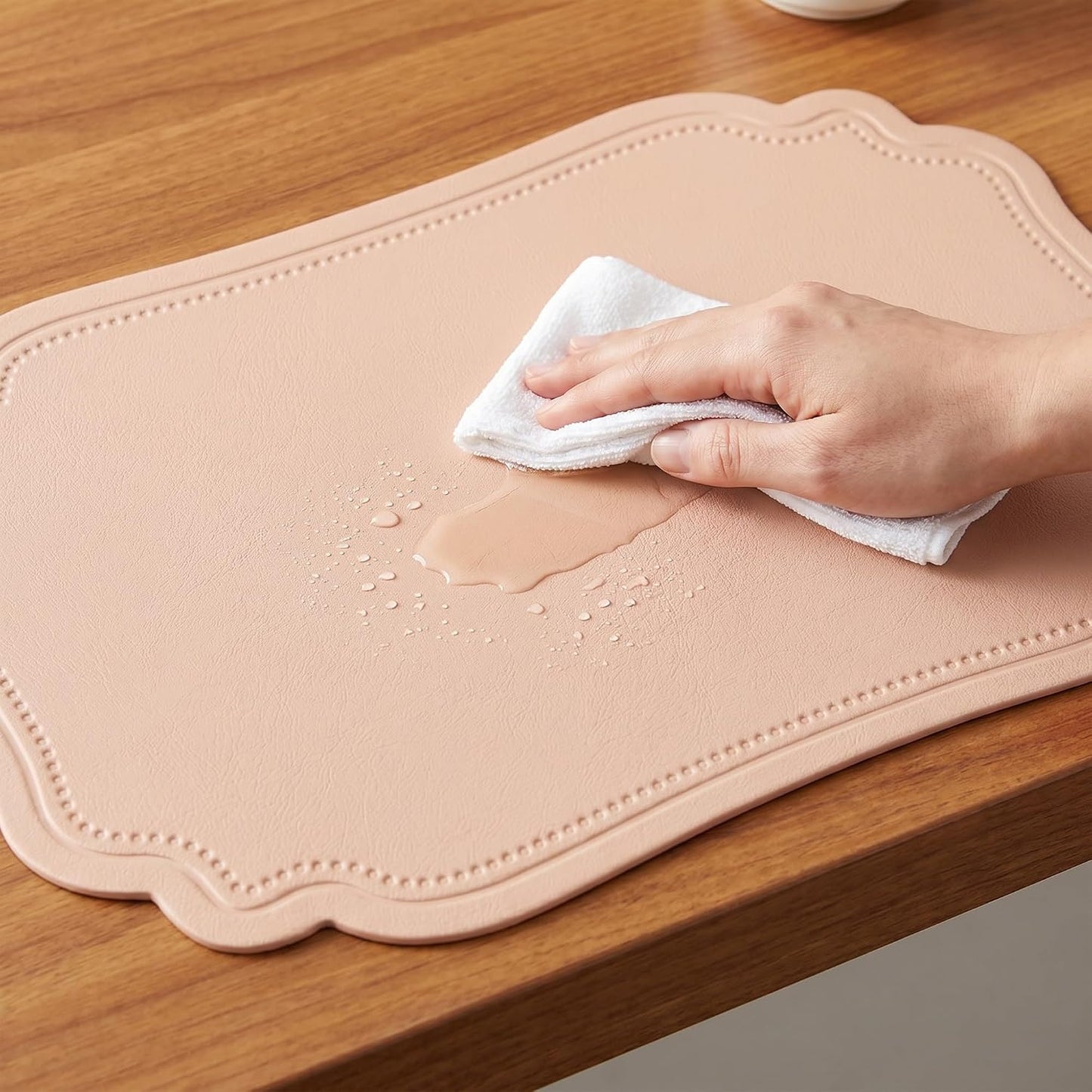 Solid Placemats Set of 6 Leather Placemats for Kitchen Dining Table Decor, Heat Resistant Table Placemats, Waterproof Table Mat 18x12in Pink