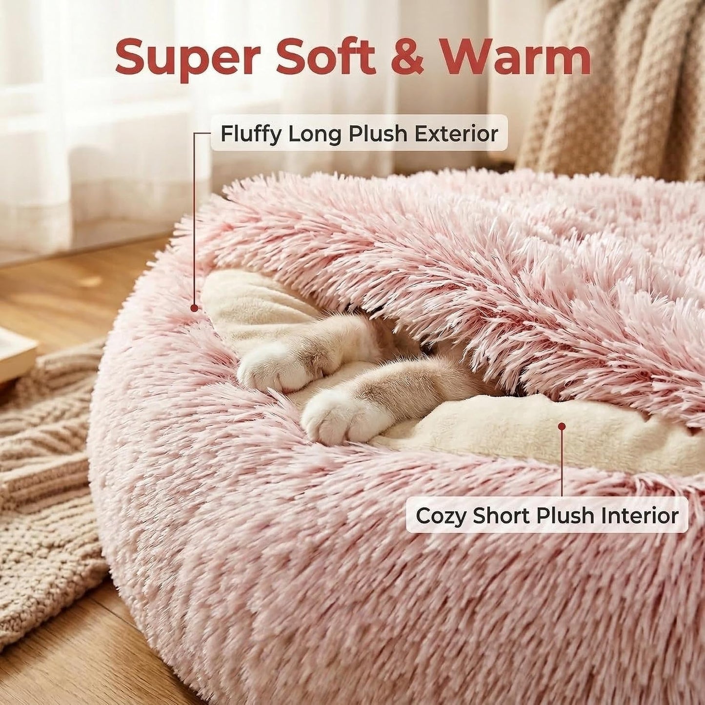 Cozy Zipper Convertible Cat Bed Cave, 2 in 1 Round Plush Donut Dog Bed with Removable Hood, Warm Fuzzy Enclosed Pet Nest Bed for Small Dogs Kittens, Machine Washable (Pink, 19.7 in Small Size)