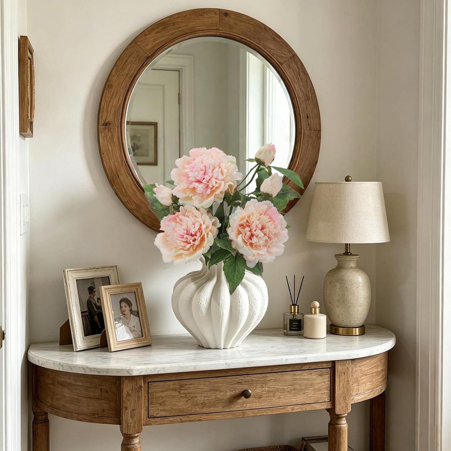 3 Pcs Real Touch Peonies Artificial Flowers, 5.1'' Large Bloom Champagne Pink Faux Penoy Bouquets, Realistic Fake Silk Peonies with Long Stem for Tall Vase, Wedding DIY, Home & Office Decor