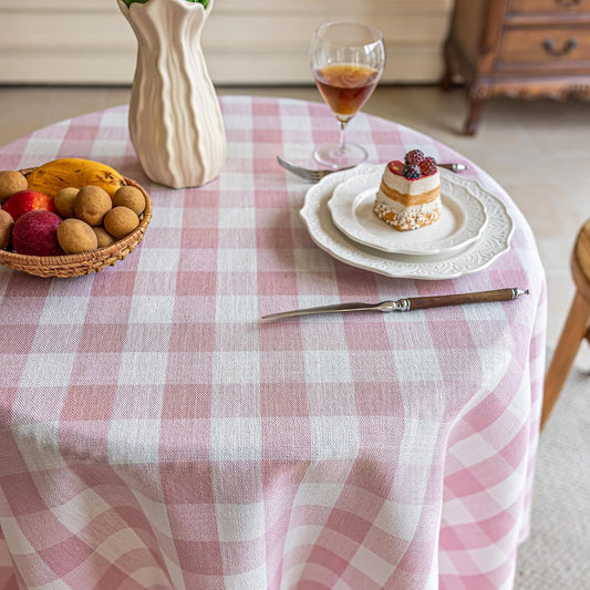 Alsoo Pink Gingham Round Tablecloth 60 Inch, Checkered Circle Table Cloth Washable Wrinkle Free, Cotton Linen Buffalo Plaid Table Cover for Picnic Kitchen Dining Room