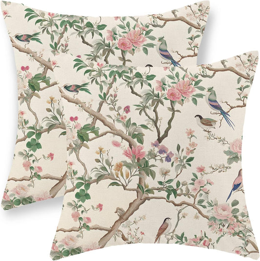 Chinoiserie Pillow Covers 18x18 Set of 2 Pink Green Floral Bird Pillow Cases Vintage Flower Seasonal Outdoor Throw Pillows Linen Farmhouse Chinoiserie Decorative Cushion Case for Couch Hone