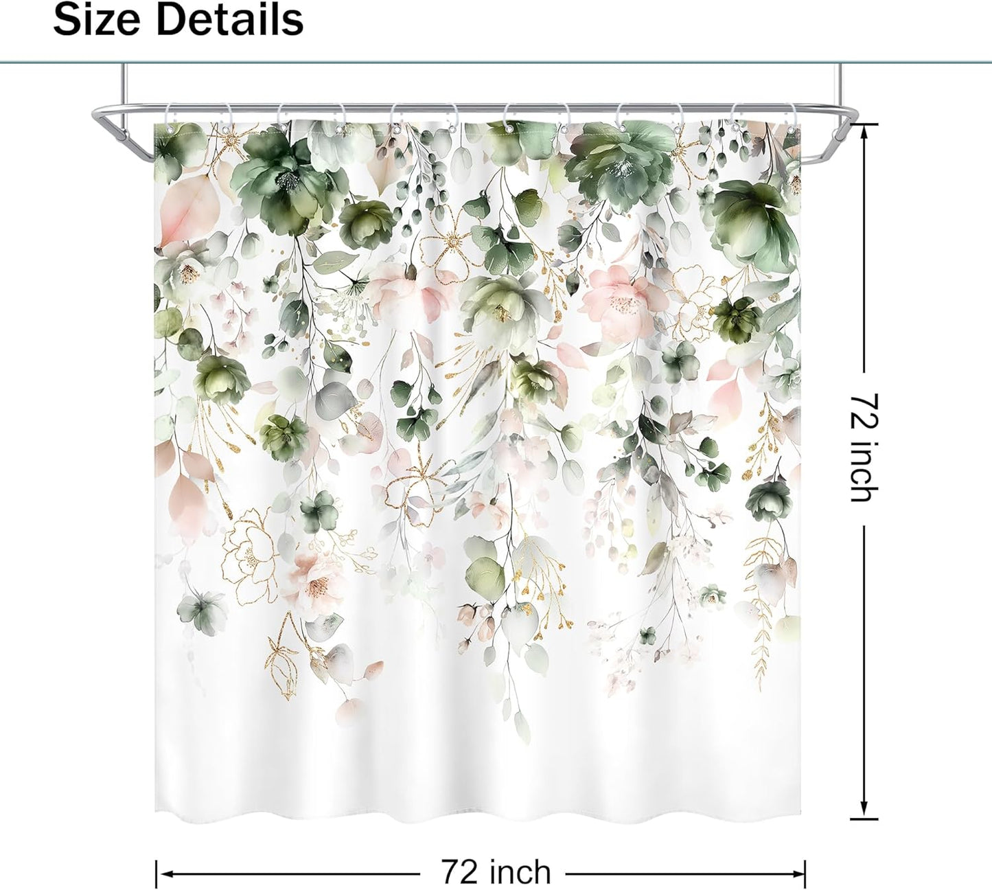 Green Pink Floral Flower Shower Curtain 72Wx72L Inch Spring Summer Rustic Eucalyptus Leaves Pastel Wildflower Plant Botanical Pretty Bathroom Set Bath Curtain Bathtub Accessories Home Decor