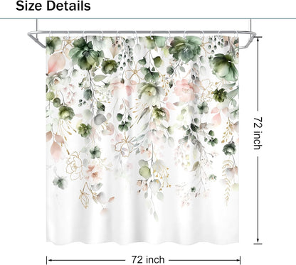 Green Pink Floral Flower Shower Curtain 72Wx72L Inch Spring Summer Rustic Eucalyptus Leaves Pastel Wildflower Plant Botanical Pretty Bathroom Set Bath Curtain Bathtub Accessories Home Decor