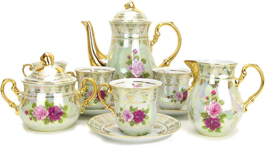 Euro Porcelain 17-pc Vintage Pink & Red Roses Tea Cup Coffee Set, White Pearlescent Floral Pattern 24K Gold Plated, Complete Service for 6 - Original Czech Tableware