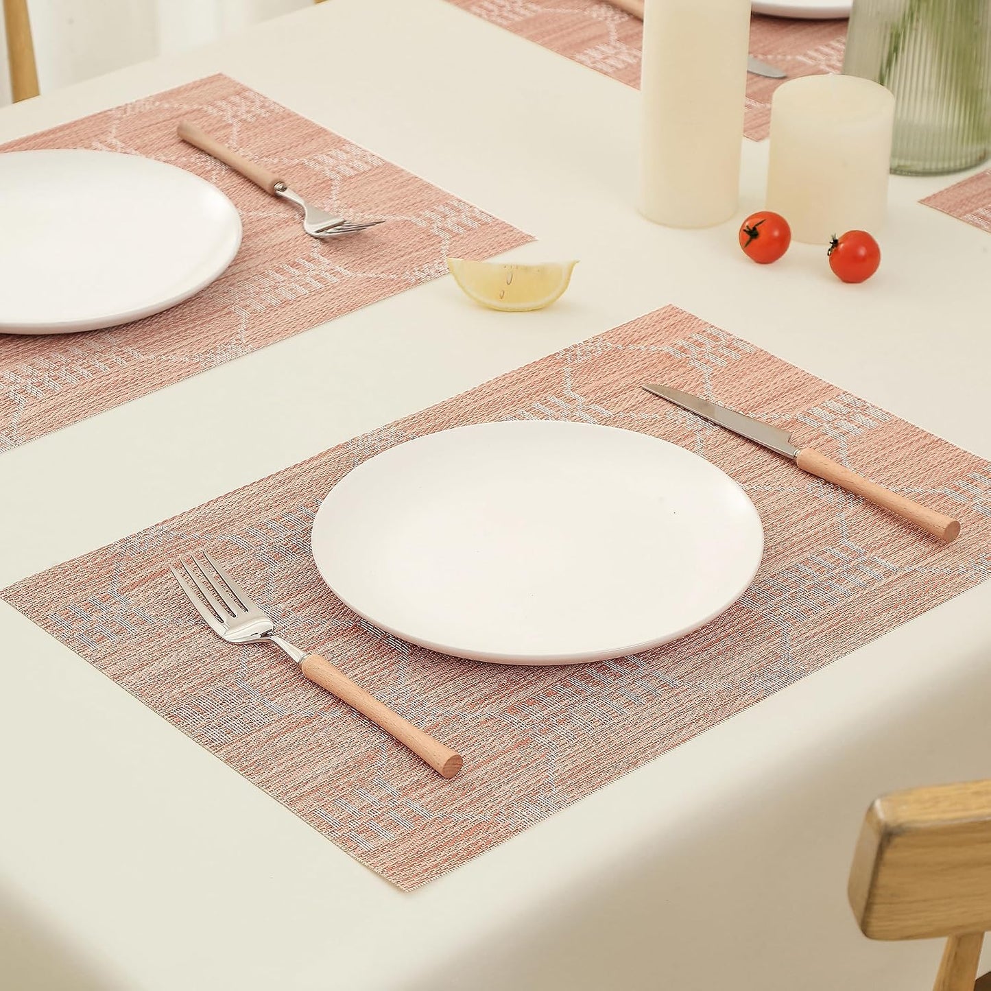 Leetaltree Coral Placemats Set of 4 - Heat Resistant Non-Slip Place mats for Dining Table, Washable Durable PVC Vinyl Woven Table Mats（Coral, 4）