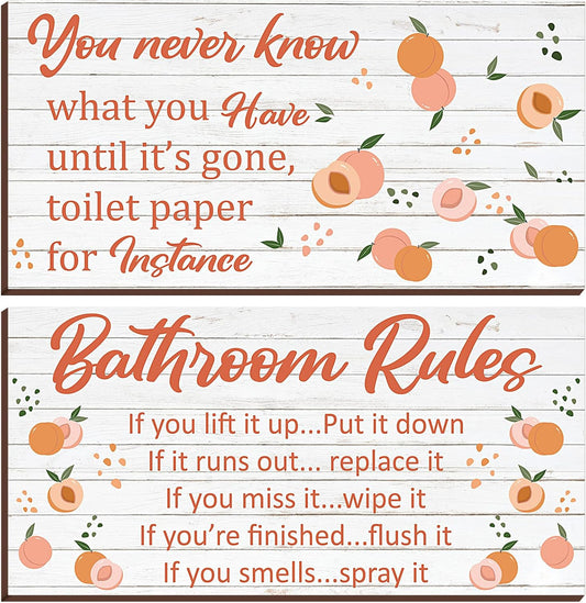 Yookeer 2 Pieces Wooden Peach Bathroom Decor Bathroom Rule Wall Plaque Decor Wooden Hanging Sign Funny Cute Farmhouse Peach Accessories Wood Plank for Home Rustic Decoration,12 x 6 Inch