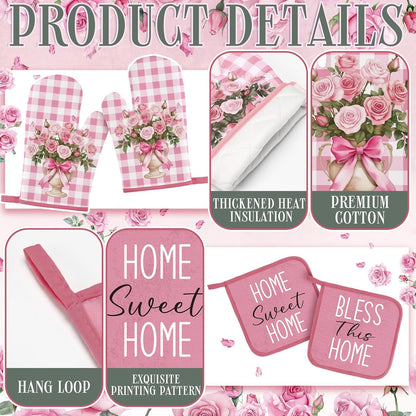 Fourluoo 16 Pcs Pink Rose Kitchen Decor Set Kitchen Towels Placemats Non Slip Rugs and Mats for Floor Oven Mitts Gloves Pot Holders Floral Curtains for Home Decoration Gift