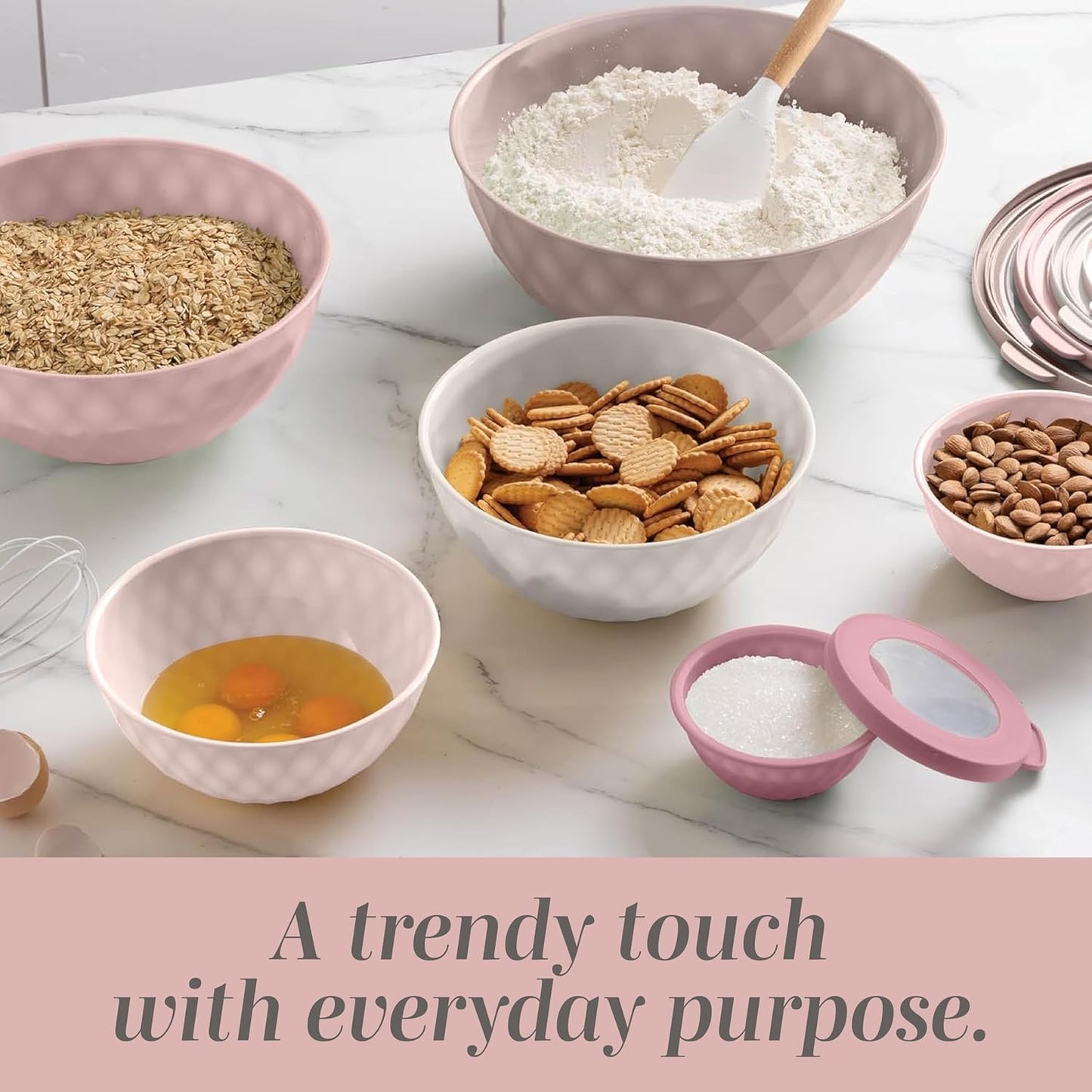 COOK WITH COLOR Mixing Bowls with Lids - 12 Piece Plastic Nesting Bowls Set includes 6 Prep Bowls and 6 Lids, Microwave Safe Mixing Bowl Set, Pink Diamond
